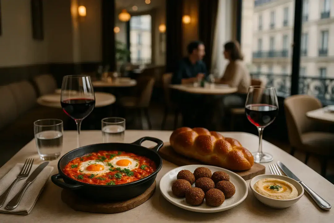 Une Table Garnie De Shakshuka, De Falafel, De Houmous, De Pain Tressé, De Deux Verres De Vin Rouge Et D'eau, Avec Un Couple Assis à Une Table à L'arrière Plan Près D'une Fenêtre.