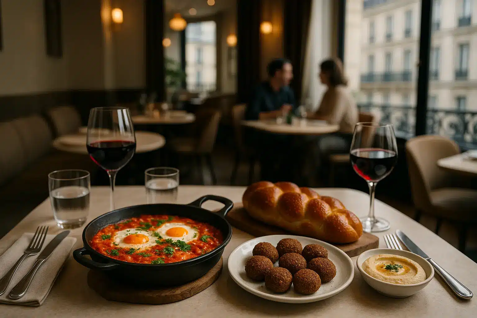Une Table Garnie De Shakshuka, De Falafel, De Houmous, De Pain Tressé, De Deux Verres De Vin Rouge Et D'eau, Avec Un Couple Assis à Une Table à L'arrière Plan Près D'une Fenêtre.