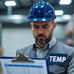 Un Homme Portant Un Casque Bleu Et Un Gilet étiqueté "temp" Consulte Un Presse Papiers Dans Un Entrepôt Avec Des étagères Et Des Boîtes En Arrière Plan.