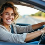 Une Femme Sourit En Conduisant Une Voiture Par Temps Clair, En Regardant Vers L'appareil Photo. L'arrière Plan Montre Une Route Et Un Paysage Flous.
