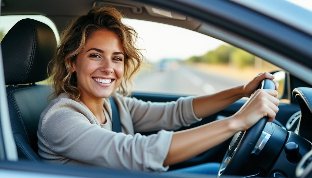 Une Femme Sourit En Conduisant Une Voiture Par Temps Clair, En Regardant Vers L'appareil Photo. L'arrière Plan Montre Une Route Et Un Paysage Flous.