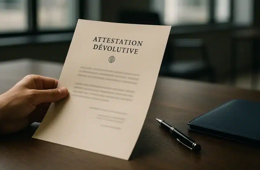 Une Main Tient Un Document Intitulé "attestation Dévolutive" Sur Un Bureau, Avec Un Stylo Et Un Dossier Fermé à Proximité.