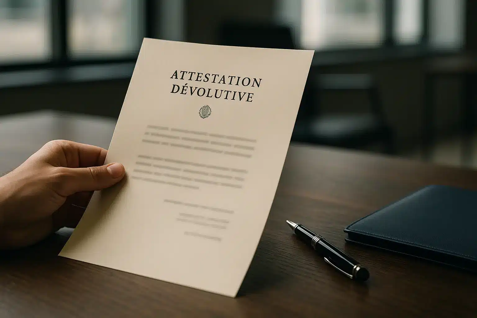 Une Main Tient Un Document Intitulé "attestation Dévolutive" Sur Un Bureau, Avec Un Stylo Et Un Dossier Fermé à Proximité.