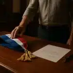 Une Personne Se Tient à Un Bureau En Bois Avec Une écharpe Tricolore, Un Document Et Un Stylo, Ce Qui Suggère Un Cadre Officiel Ou Cérémoniel.