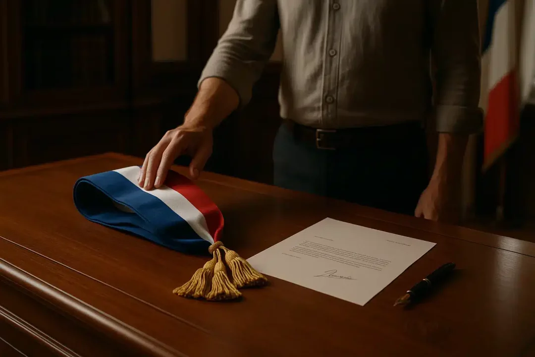 Démission adjoint maire : procédure et délais clés 1 Une Personne Se Tient à Un Bureau En Bois Avec Une écharpe Tricolore, Un Document Et Un Stylo, Ce Qui Suggère Un Cadre Officiel Ou Cérémoniel.