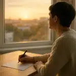 Une Personne Vêtue D'un Pull Over Crème Est Assise à Un Bureau Près D'une Fenêtre, écrit Sur Une Feuille Blanche Et Regarde Un Coucher De Soleil Sur Un Paysage Urbain. Une Petite Plante En Pot Est Posée Sur Le Bureau.