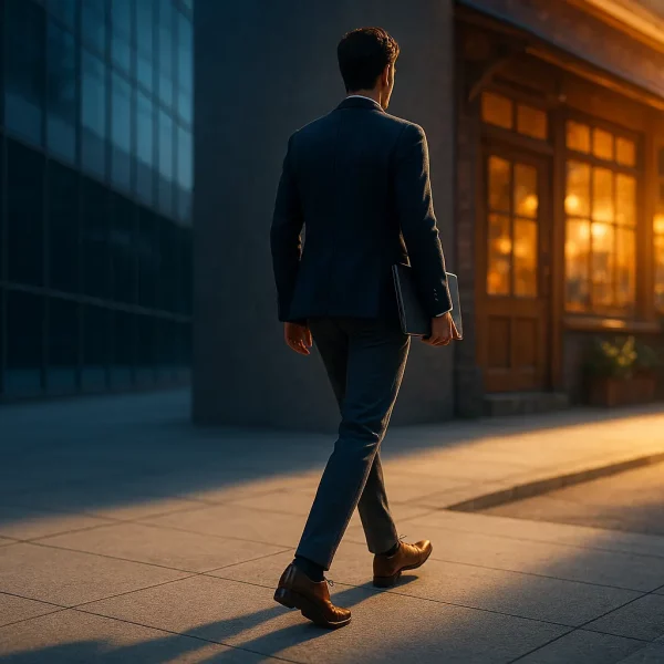Un Homme En Costume Marche Sur Un Trottoir De La Ville Au Coucher Du Soleil, Tenant Un Ordinateur Portable Et Passant Devant Un Bâtiment Dont Les Grandes Fenêtres Reflètent La Lumière Du Soleil.