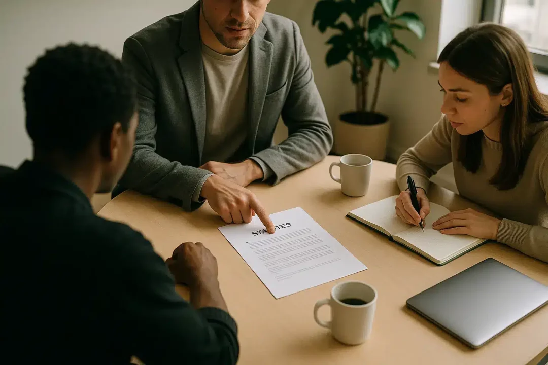 Trois Personnes Sont Assises Autour D'une Table Et Discutent D'un Document Intitulé "stratÉgies". Une Personne Montre Le Document Tandis Qu'une Autre Prend Des Notes ; Des Ordinateurs Portables Et Des Tasses à Café Sont Posés Sur La Table.