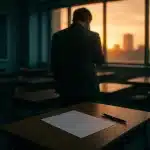 Une Personne Se Tient Dans Une Salle De Classe Faiblement éclairée Au Coucher Du Soleil, Avec Au Premier Plan Un Bureau Sur Lequel Se Trouvent Une Feuille De Papier Et Un Stylo.