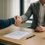 Deux Personnes En Tenue De Travail Se Serrent La Main Sur Un Bureau Sur Lequel Sont Posés Un Document, Un Stylo Et Une Petite Plante En Pot, Suggérant Un Accord Formel Ou La Signature D'un Contrat.