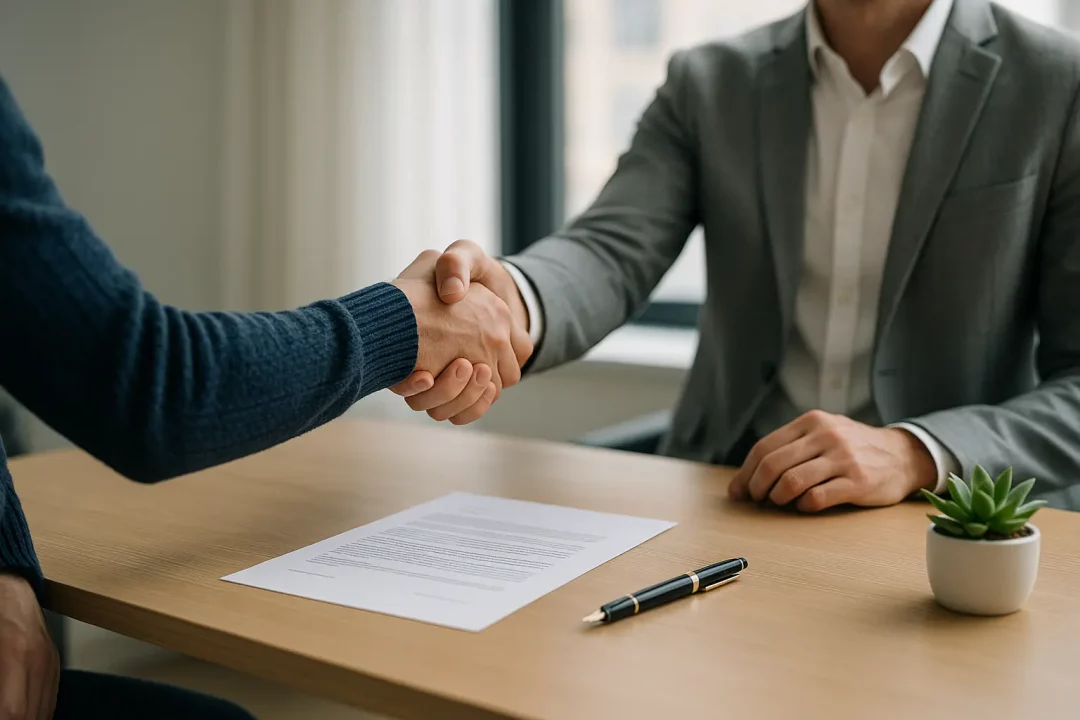 Rupture conventionnelle en congé parental : mode d'emploi 1 Deux Personnes En Tenue De Travail Se Serrent La Main Sur Un Bureau Sur Lequel Sont Posés Un Document, Un Stylo Et Une Petite Plante En Pot, Suggérant Un Accord Formel Ou La Signature D'un Contrat.