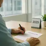 Une Personne Est Assise à Un Bureau Et Rédige Une Lettre De Démission, Avec En Arrière Plan Une Petite Plante Et Un Calendrier De Bureau Affichant L'année 2025.