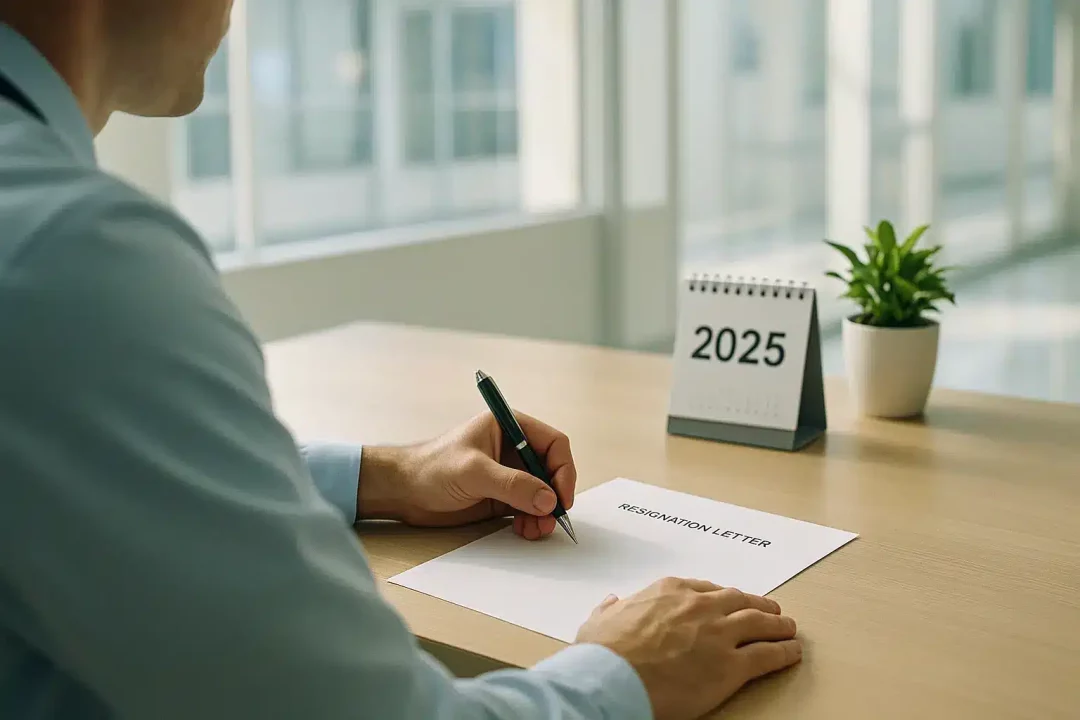 Préavis démission FPH titulaire : démarches légales 1 Une Personne Est Assise à Un Bureau Et Rédige Une Lettre De Démission, Avec En Arrière Plan Une Petite Plante Et Un Calendrier De Bureau Affichant L'année 2025.