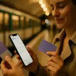 Une Personne Tient Un Smartphone Et Deux Cartes De Transport Sur Un Quai De Métro, Avec Un Train à L'arrêt En Arrière Plan.