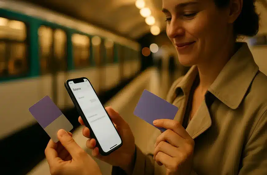 Une Personne Tient Un Smartphone Et Deux Cartes De Transport Sur Un Quai De Métro, Avec Un Train à L'arrêt En Arrière Plan.