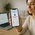 Femme Tenant Un Smartphone Affichant Une Application De Remboursement De Soins De Santé En Français, Assise à Une Table Avec Un Ordinateur Portable Et Un Verre D'eau.