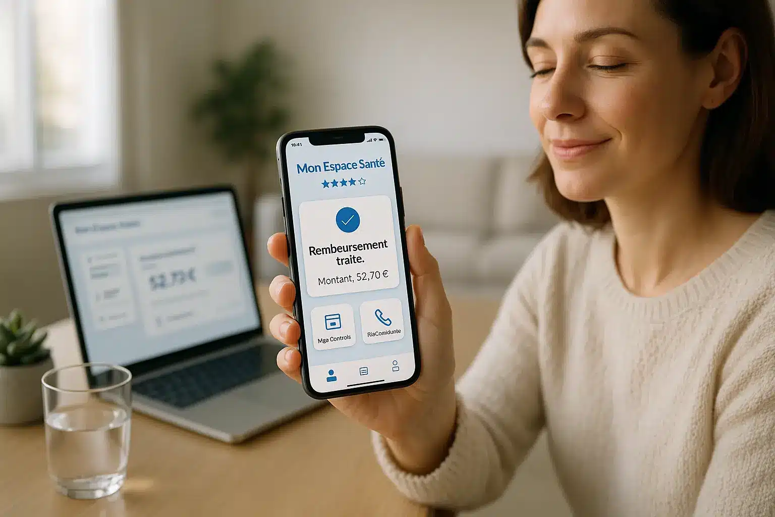 Femme Tenant Un Smartphone Affichant Une Application De Remboursement De Soins De Santé En Français, Assise à Une Table Avec Un Ordinateur Portable Et Un Verre D'eau.