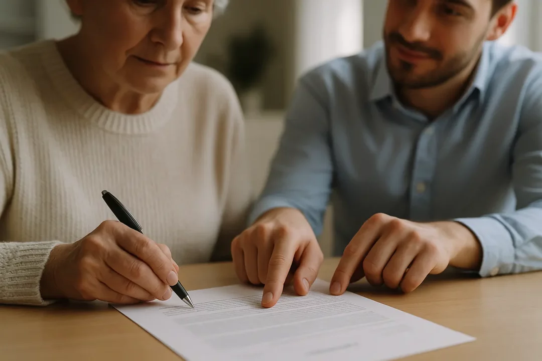 Une Femme âgée Tient Un Stylo Et S'apprête à Signer Un Document Tandis Qu'un Homme Plus Jeune Est Assis à Côté D'elle, Pointant Du Doigt Le Papier.
