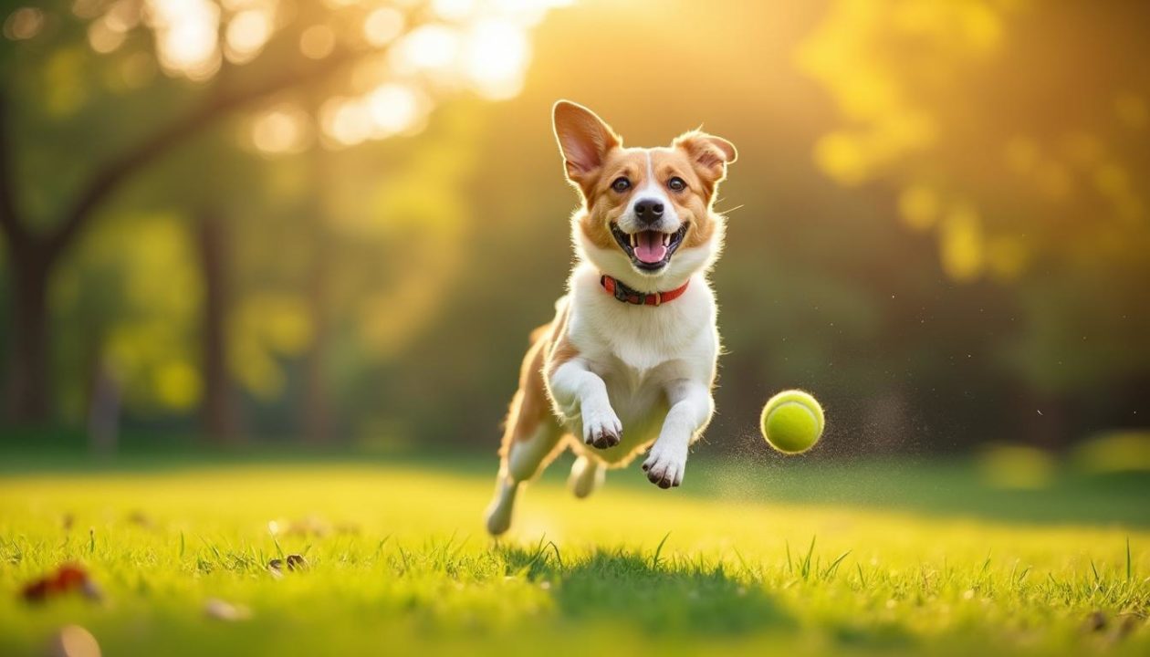 Un Petit Chien Au Collier Rouge Court Sur L'herbe Vers Une Balle De Tennis Jaune Dans Un Parc Ensoleillé.
