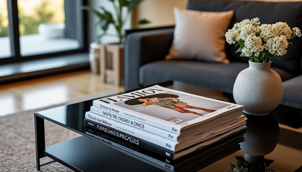 Une Pile De Magazines De Mode Sur Une Table Basse Noire, à Côté D'un Vase De Fleurs Blanches, Avec Un Canapé Gris En Arrière Plan.