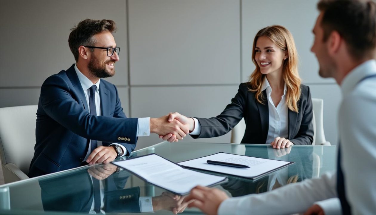 Deux Personnes En Tenue De Travail Se Serrent La Main Autour D'une Table En Verre Contenant Des Documents Et Un Stylo, Tandis Qu'une Troisième Personne Observe Dans Un Bureau Moderne.