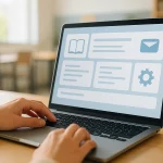 Personne Tapant Sur Un Ordinateur Portable Affichant Une Interface De Tableau De Bord Stylisée Avec Des Icônes Représentant Un Livre, Une Enveloppe Et Du Matériel Dans Une Salle De Classe Ou Une Bibliothèque.