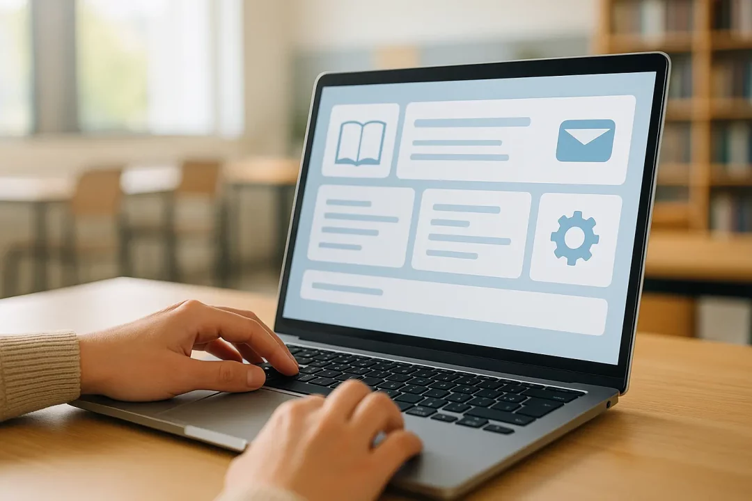 Personne Tapant Sur Un Ordinateur Portable Affichant Une Interface De Tableau De Bord Stylisée Avec Des Icônes Représentant Un Livre, Une Enveloppe Et Du Matériel Dans Une Salle De Classe Ou Une Bibliothèque.