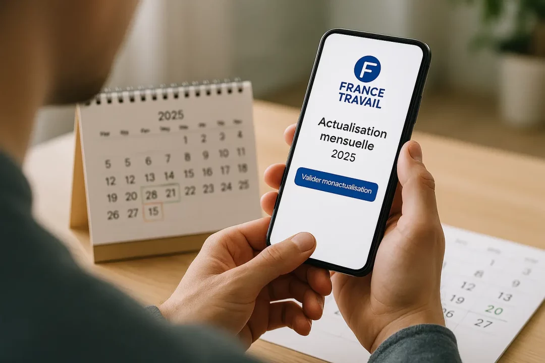 Une Personne Tient Un Smartphone Affichant Un écran De Mise à Jour Mensuelle "france Travail" 2025, Avec Un Calendrier Et Des Documents Administratifs Visibles En Arrière Plan.