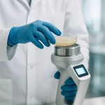 Personne En Blouse Et Gants Bleus Tenant Une Boîte De Petri Au Dessus D'un Instrument Scientifique Dans Un Laboratoire.