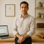 Un Homme Vêtu D'une Chemise Claire Se Tient Près D'un Bureau Sur Lequel Se Trouve Un Ordinateur Portable Affichant Un Formulaire "créer Un Compte". Des étagères De Poterie Et De Maroquinerie Se Trouvent à L'arrière Plan.