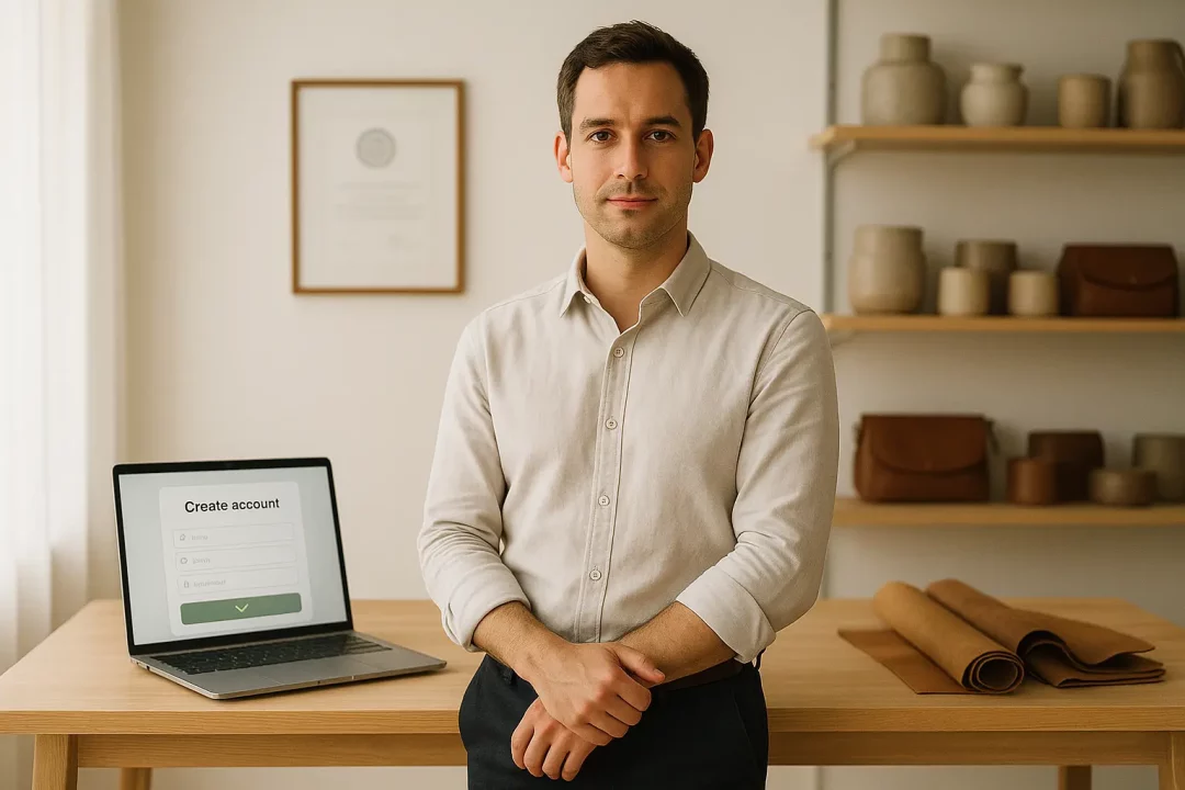 Un Homme Vêtu D'une Chemise Claire Se Tient Près D'un Bureau Sur Lequel Se Trouve Un Ordinateur Portable Affichant Un Formulaire "créer Un Compte". Des étagères De Poterie Et De Maroquinerie Se Trouvent à L'arrière Plan.