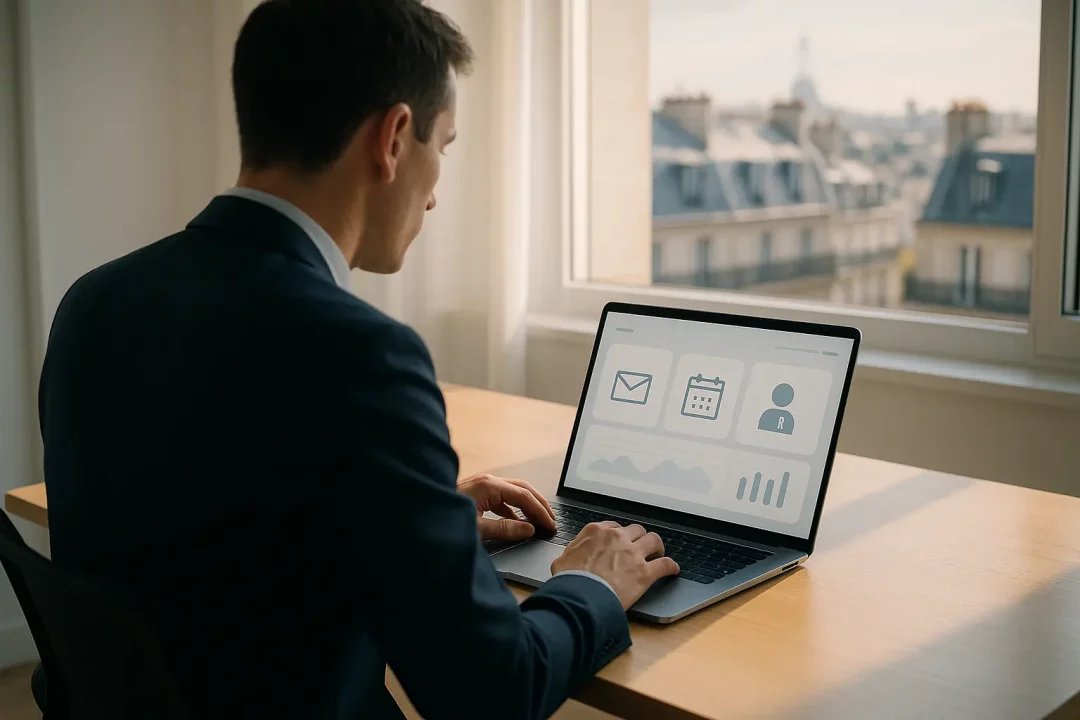 Un Homme En Costume Est Assis à Un Bureau Près D'une Fenêtre, Tapant Sur Un Ordinateur Portable Affichant Des Icônes Pour Le Courrier électronique, Le Calendrier, Les Contacts Et Les Analyses.