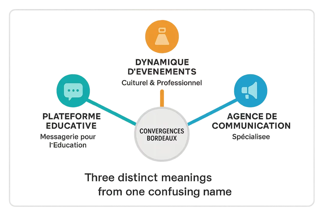 Illustration des trois significations de Convergences Bordeaux : messagerie éducative, événements culturels et agence de communication