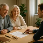 Un Couple âgé Est Assis à Un Bureau Avec Un Jeune Homme Qui Leur Montre Un Document à Signer. Le Cadre Semble être Celui D'un Bureau Professionnel.