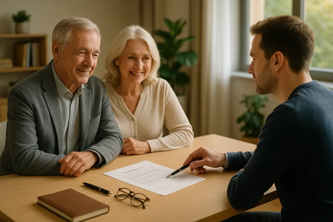 Un Couple âgé Est Assis à Un Bureau Avec Un Jeune Homme Qui Leur Montre Un Document à Signer. Le Cadre Semble être Celui D'un Bureau Professionnel.
