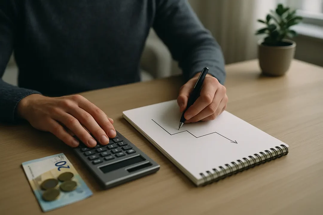 Personne Utilisant Une Calculatrice Et Traçant Une Ligne De Tendance à La Baisse Sur Un Bloc Notes, Avec Des Billets Et Des Pièces En Euros Sur La Table, Suggérant Un Déclin Financier.