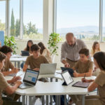 Un Enseignant Aide Des élèves à Travailler Sur Des Ordinateurs Portables Et Des Tablettes Dans Une Salle De Classe Lumineuse Avec De Grandes Fenêtres Et De La Verdure à L'extérieur.