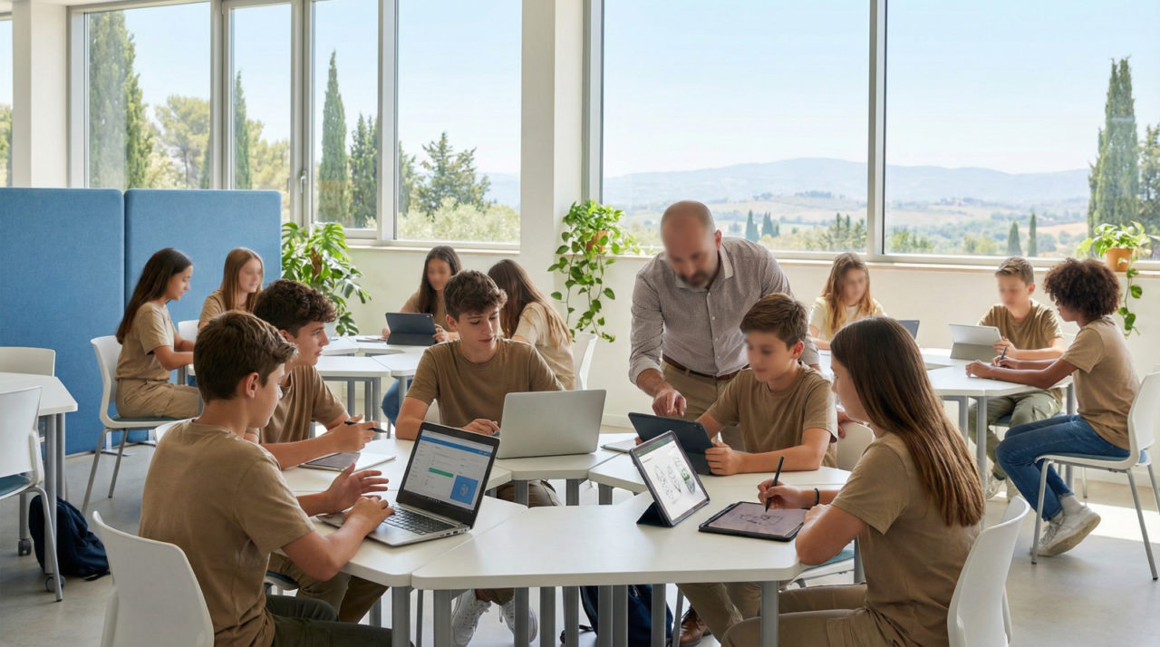 Un Enseignant Aide Des élèves à Travailler Sur Des Ordinateurs Portables Et Des Tablettes Dans Une Salle De Classe Lumineuse Avec De Grandes Fenêtres Et De La Verdure à L'extérieur.