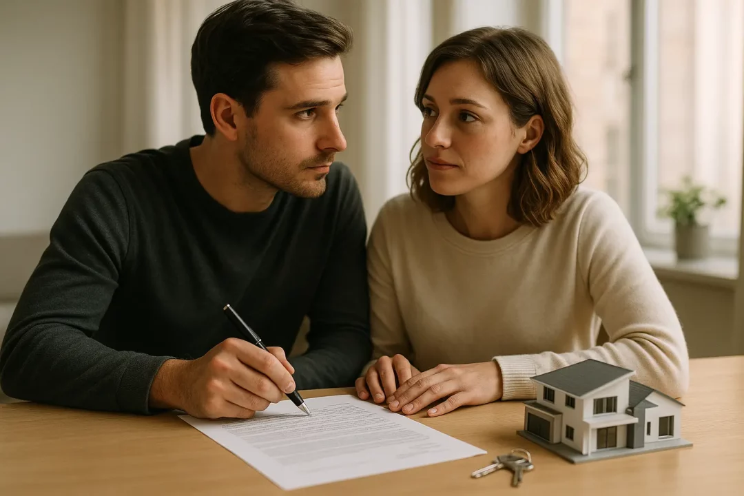 Un Homme Et Une Femme Sont Assis à Une Table Avec Un Contrat, Un Stylo, Des Clés Et Une Maquette De Maison. L'homme Semble Concentré Alors Qu'il Se Prépare à Signer Le Document.
