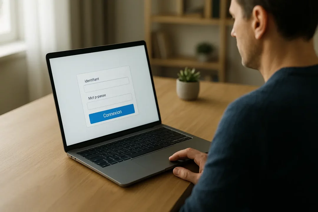 Une Personne Est Assise à Un Bureau En Bois Et Utilise Un Ordinateur Portable Affichant Un écran De Connexion En Français Avec Des Champs Pour Le Nom D'utilisateur Et Le Mot De Passe.