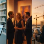 Une Image Fractionnée Montre Une Personne Utilisant Une Tablette Dans Une Bibliothèque, Des Personnes Conversant Lors D'un événement Et Un Ouvrier Du Bâtiment Consultant Un Plan De Construction Sur Une Tablette Sur Un Chantier.