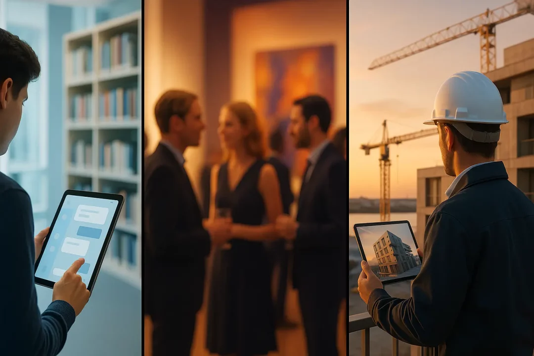 Une Image Fractionnée Montre Une Personne Utilisant Une Tablette Dans Une Bibliothèque, Des Personnes Conversant Lors D'un événement Et Un Ouvrier Du Bâtiment Consultant Un Plan De Construction Sur Une Tablette Sur Un Chantier.