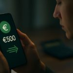 Personne Regardant L'écran D'un Smartphone Affichant Un Transfert D'argent De 500 Euros Avec Des Symboles De Devises En Euros Et Une Flèche Vers L'avant.