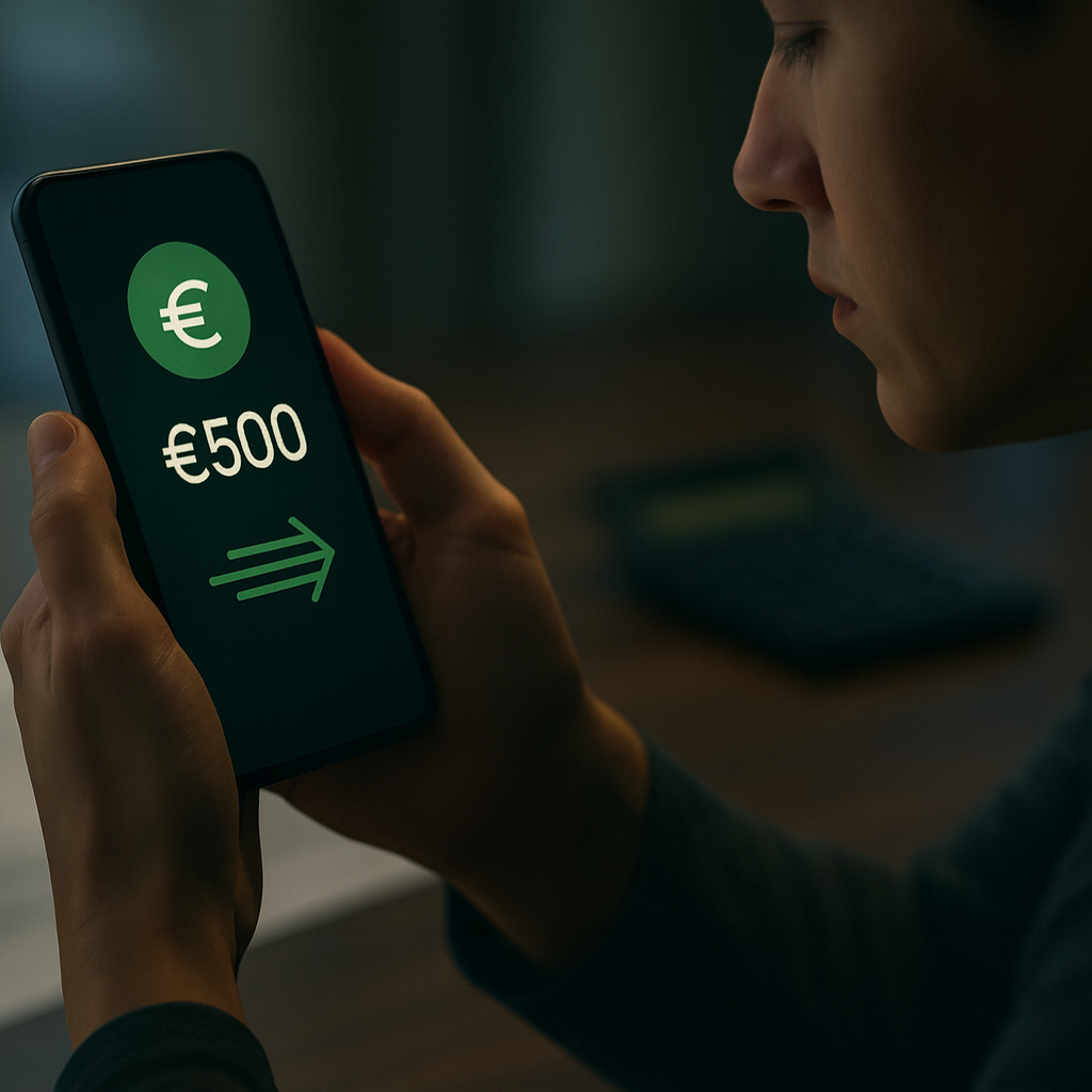 Une Personne Tient Un Smartphone Dont L'écran Affiche Le Symbole De L'euro, Le Montant De 500 Euros Et Une Flèche Pointant Vers La Droite, Suggérant Un Transfert D'argent.