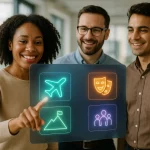 Trois Personnes Se Tiennent Ensemble à L'intérieur, Souriantes, Tandis Qu'une Femme Interagit Avec Un écran Virtuel Transparent Comportant Des Icônes De Voyage, De Théâtre, De Montagne Et D'activités De Groupe.