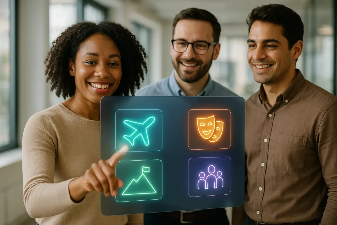 Trois Personnes Se Tiennent Ensemble à L'intérieur, Souriantes, Tandis Qu'une Femme Interagit Avec Un écran Virtuel Transparent Comportant Des Icônes De Voyage, De Théâtre, De Montagne Et D'activités De Groupe.