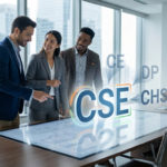 Trois Professionnels Se Tiennent Autour D'une Table De Conférence Numérique Où Les Abréviations Holographiques Et Le Cse Sont Affichés En évidence, Dans Un Bureau Moderne Avec Vue Sur La Ville.