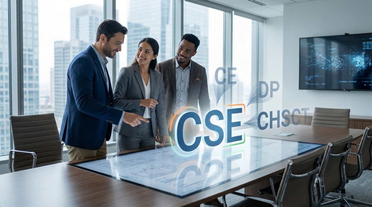 Trois Professionnels Se Tiennent Autour D'une Table De Conférence Numérique Où Les Abréviations Holographiques Et Le Cse Sont Affichés En évidence, Dans Un Bureau Moderne Avec Vue Sur La Ville.