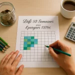 Une Personne Colorie Des Carrés Sur Une Feuille De Défi De 52 Semaines Intitulée "défi 52 Semaines Pour Épargner 1378€", Avec Des Crayons De Couleur, Des Pièces De Monnaie Dans Un Bocal, Une Calculatrice Et Une Tasse De Café à Proximité.