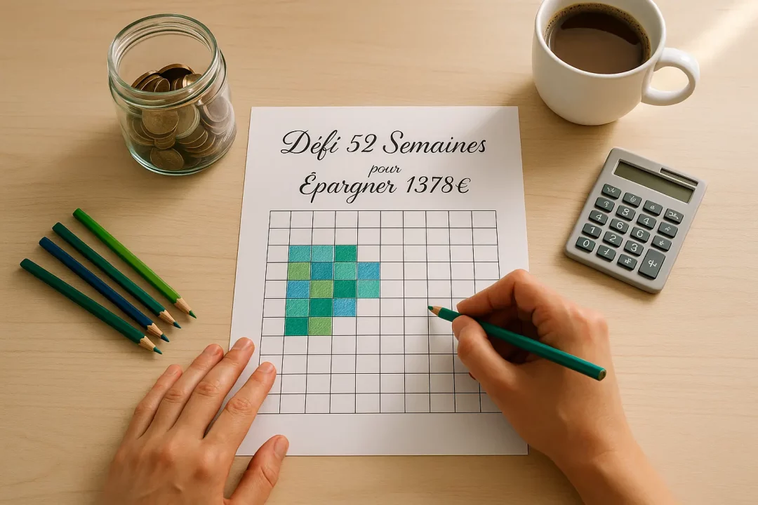 Une Personne Colorie Des Carrés Sur Une Feuille De Défi De 52 Semaines Intitulée "défi 52 Semaines Pour Épargner 1378€", Avec Des Crayons De Couleur, Des Pièces De Monnaie Dans Un Bocal, Une Calculatrice Et Une Tasse De Café à Proximité.